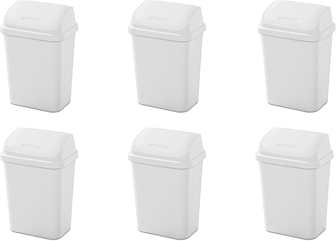 Sterilite 7.8 Gallon SwingTop Wastebasket with Lid Medium Sized Plastic Trash Can for the Kitchen with Swinging Lid White 6-Pack