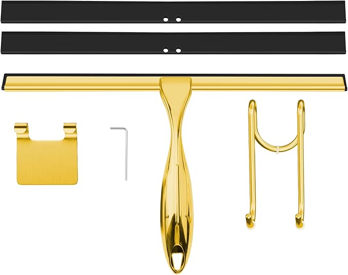 TOOVEM 12 Inch Shower Squeegee for Glass Doors Window Bathroom Car Windshield Shower Cleaning Tools with S Hook Square Sticky Hook（Gold）
