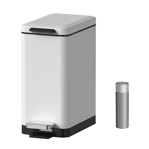 Mbillion Bathroom Trash Can with Lid Slim Stainless Steel Small Bathroom Garbage Can 10 Liter 2.6 Gallon Soft Close Step Pedal Slim Wastebasket for Toilet Office Bedroom White