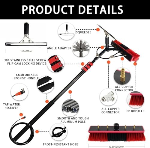 Glass Cleaning Brush Home Water Fed Telescopic Pole Kit Solar Panel Brush Rotating for Photovoltaic PanelTelescopic Window Cleaning Pole Kit - 3.6-11M Adjustable Water Fed Extension for Sol