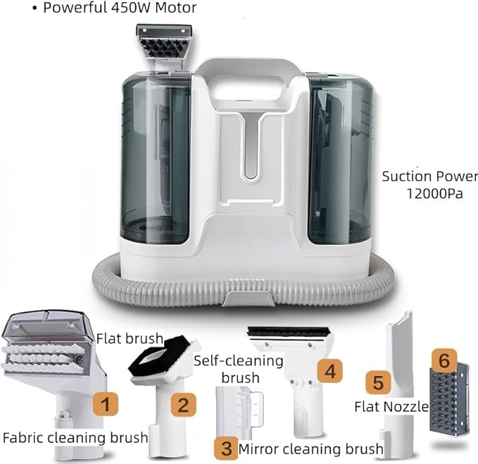 Portable Carpet &amp Upholstery Cleaner 12Kpa Powerful Suction Cleaning Machine For Couch Carpets &amp Car 450W Motor With 1800ml Tank 6 Multi-Surface Brush Heads (White)