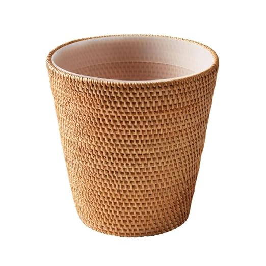 Hand-Woven Rattan Wastebasket with Removable Liner Natural Honey-Brown 11 Inch Height 2.5 Gallon Capacity Bathroom Bedroom Trash Bin