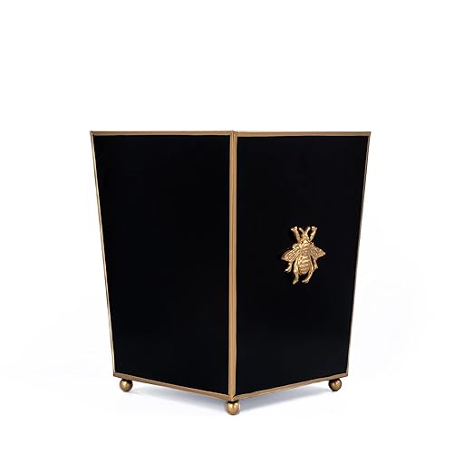 Jaye's Studio Regency Line Square Wastebasket &amp Garbage Bin Gold Trim &amp Finish Round Gold Feet Hand-Painted Metal Trash Bin for Bedroom Office Bathroom 9 x 9 x 12 (Black Gold Bee)