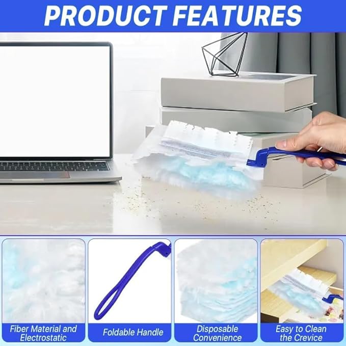 JMIATRY 100PCS Disposable Duster Refills for Swiffer Duster Pads 180 Degree Heavy Duty Dusters Refill with Adjustable Handle Disposable Dusters for Cleaning Home Office (Blue &amp White)