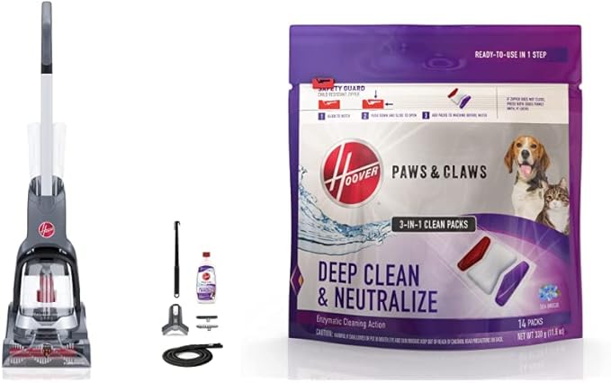 Hoover PowerDash Pet Advanced Compact Carpet Cleaner Machine with Above Floor Cleaning FH55050PC Grey + Hoover Paws &amp Claws Clean Packs Solutions for Carpet Cleaning Machines AH37001 White