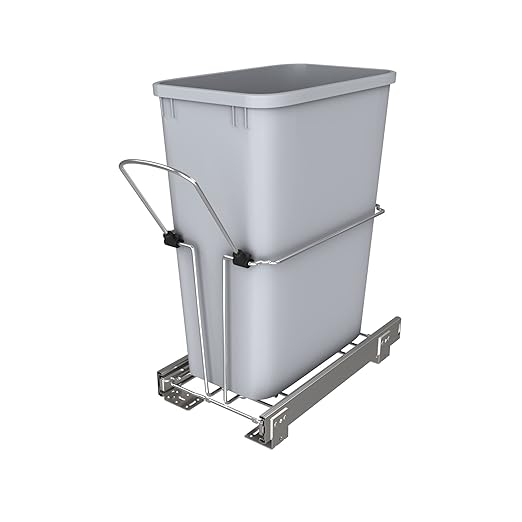 Rev-A-Shelf 32 Qt Pullout Kitchen Cabinet Metal Wire Sliding Universal Trash Can with Rear Basket for Waste Disposal and Organization RUKD-1432RB-1