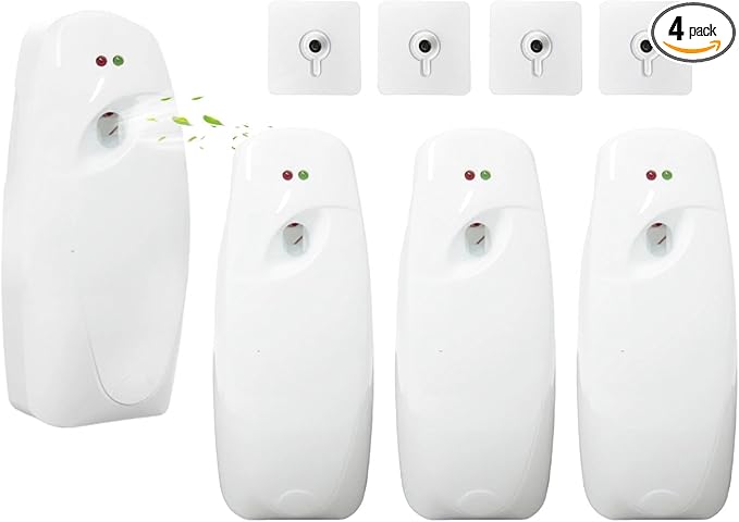 4PCS Automatic Air Freshener Spray Dispenser Wall Mounted or Free Standing Battery Operated Sprayer for Bathroom Multiple Time Scent Mist Release Settings for Room Restroom Sprayer (White L)