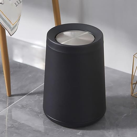 10L / 2.6Gal Metal Black Trash Can with Swing Lid Modern Brass Garbage Can with Removable Inner Decorative Unique Waste Basket for Bathroom Bedroom Office Hotel (Black)