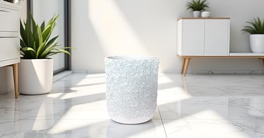 Decorative Trash Can Elegant Resin Carved Waste Basket 8x10 Trash Bin Decor Rose Floral Garbage Can for Office BathroomBedroomLivingroom 8L/2.2Gallon(White)
