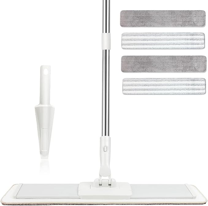 CQT Commercial Flat Microfiber Floor Mop Cleaning System 20 Inch Wet Dry and Dust Hardwood with 4 Washable Pads Cleaner for Laminate Tile Stainless Steel Handle and Extension (White)