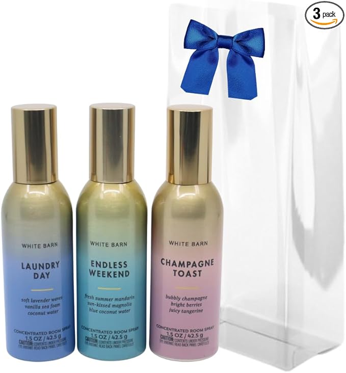 Bath &amp Body Works LAUNDRY DAY CHAMPAGNE TOAST ENDLESS WEEKEND Concentrated Room Spray 3pc bundle Gift Set with a Blue Bow for Holiday 1.5 oz each