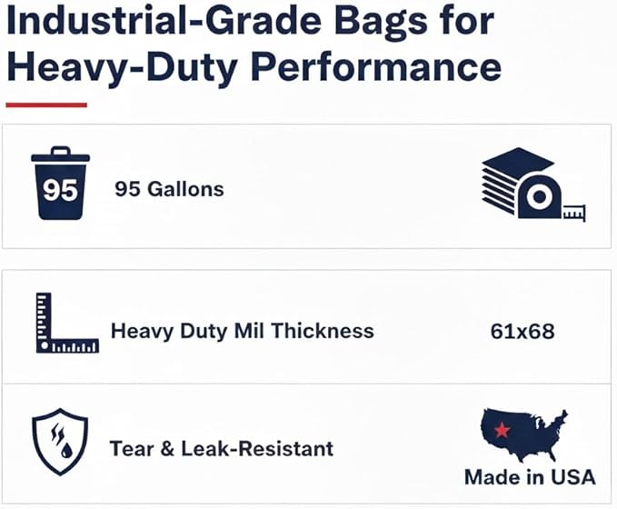 95-96 Gallon Extra-Large Black Garbage Can Liners Heavy-Duty Trash Bags 50 Bags 1.5 Mil Thick Ideal for Commercial &amp Home Use