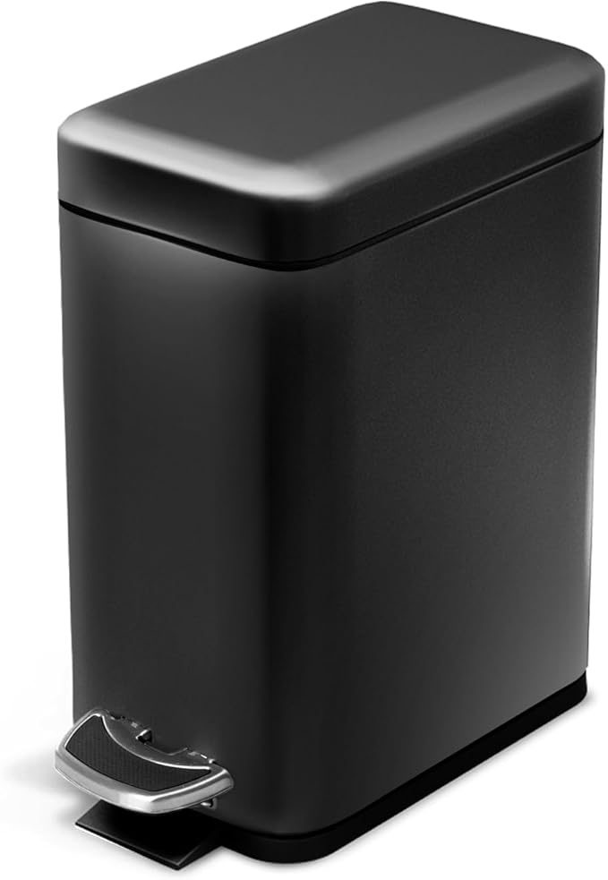 Home Zone Living 1.3 Gallon Small Bathroom Trash Can with Lid and Step Pedal Stainless Steel Wastebasket with Slim Design for Home and Office Matte Black 5 Liters