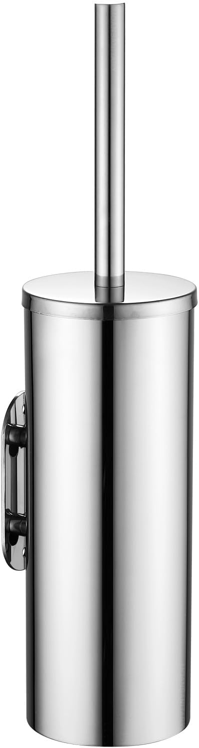 Toilet Brush and Brush Holder Stainless Steel No-Punch Hook Base Dual Purpose Toilet Brush Holder with Removable Inner Bucket and Splash Cover - Soft Bristles (Chrome)