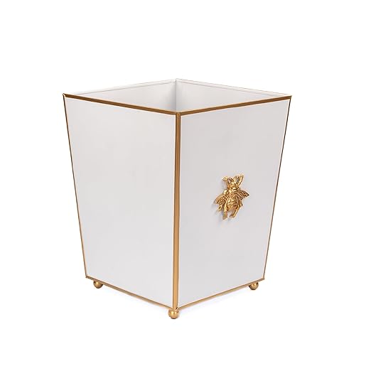 Jaye's Studio Regency Line Square Wastebasket &amp Garbage Bin Hand-Painted Metal Trash Bin for Bedroom Office Bathroom 9 x 9 x 12 (White Gold Bee)