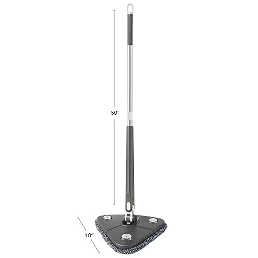 OVENTE Wall Cleaner Mop with 50 Adjustable Handle Squeegee Reusable and Easy to Clean Microfiber Pad 360° Triangular Cleaning Tool Duster for Painted Walls/Baseboard/Window/Floor Grey CTM311GY