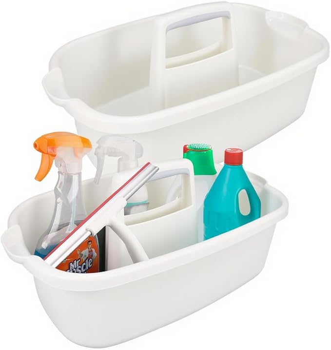 2 Pack Cleaning Supply Caddy with Handle Portable Shower Caddy Organizer Plastic Basket with Handle Stackable Tool Storage for Bathroom Garden Kitchen Home Organization White