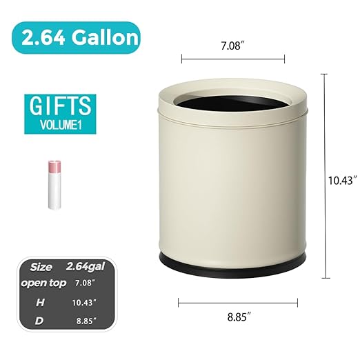 2.6 Gallon/10L White Trash CanOpen Top Metal Waste Basket ModernElegant Garbage CanUnder the Table Trash Binfor BathroomBedroomLiving RoomKitchenOfficeBankCafe(White 10L)