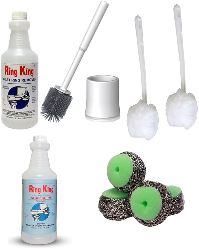 Bundle of Amazon Brand -Toilet Bowl Cleaners +Pack of 4 Stainless Steel-Wrapped Sponge Scrubbers + Toilet Soap Scum Remover+ Pack of 2 Long Plastic Handled Swab +Silicone Toilet Brush and Holder Set