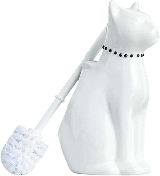 Comeon Ceramic Cat White/Black Toilet Brush and Holder Set Plastic Handled Scrub Brush for Bathroom Cleaning10.63*6.3 (White)