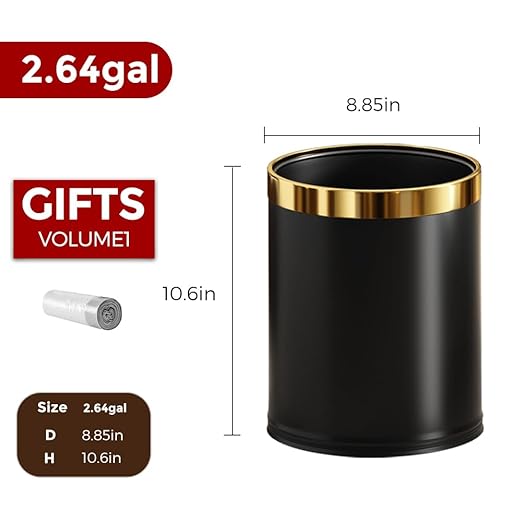 10L/2.6GAL Black and Gold Open Top Trash Can - Metal Trash Bin Without Lid for Office Hotel Store Restaurant
