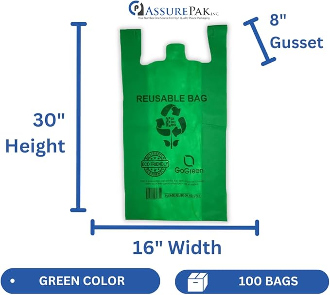 ASSUREPAK Green PP Non Woven Reusable Bags - 100 Bags - 1/6 BBL 12X7X22 - 45 GSM - Green - 12722GRNPPNWRB45