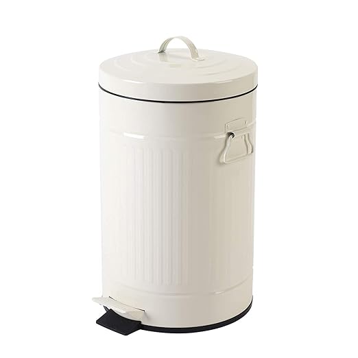 White Trash Can with Lid Bathroom Bedroom Waste Basket Soft Close Small White Garbage Can Retro Vintage Home Office Trash Can 12 Liter/3 Gallon Glossy Cream White