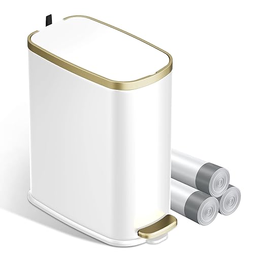 KUK Small Bathroom Trash Can with Lid Soft Close Step Pedal 2.6 Gal Stainless Steel Garbage Can with Removable Inner Bucket Anti-Fingerprint Wastebasket for Office Bedroom Toilet (White)