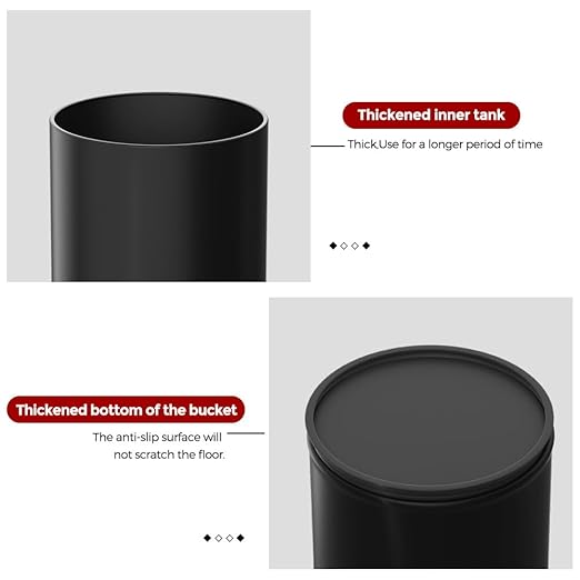 9L/2.3GAL Black Bathroom Trash Can Small Office Wastebasket Double Metal Bucket Body for Bathroom BedroomChildren's Room Powder RoomHotelBank (9L-Black)
