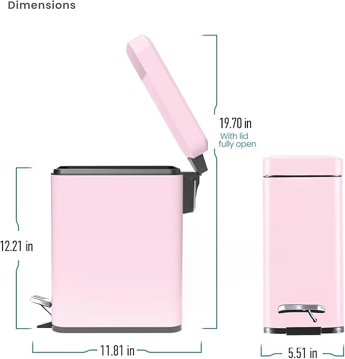 Home Zone Living 1.3 Gallon Small Bathroom Trash Can with Lid and Step Pedal Stainless Steel Wastebasket with Slim Design for Home and Office Matte Pink 5 Liters