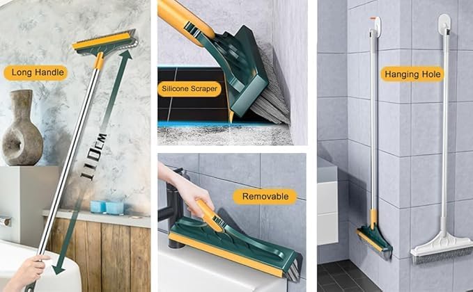 Bathroom Cleaning Brush with Wiper 2 in 1 Tiles Cleaning Brush with Long Handle 120° Rotate Bathroom Floor Floor Scrub Bathroom Brush Home (Yellow)