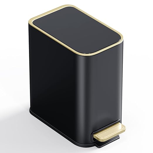 Small Bathroom Trash Can with Lid Soft Close 5L / 1.3 Gallon Slim Garbage Can with Removable Inner Bucket Step Stainless Steel Trash Bin for Office Bathrooms Bedroom Living Room (Black)