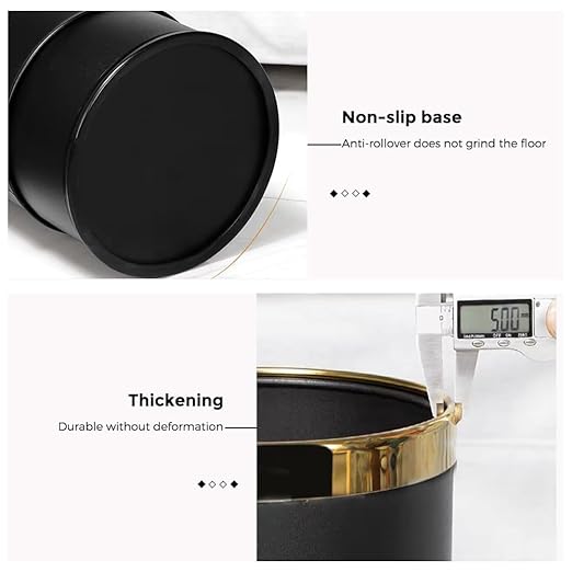 14L/3.7GAL Black and GoldTrash canOpen Top Metal Office WastebasketGold Trash bin Without lid for OfficeHotelStoreRestaurant(Black 14)