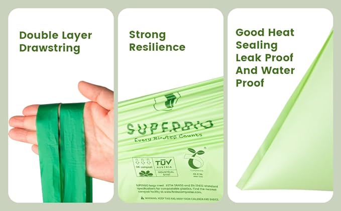SUPERBIO 4 Gallon Compostable Drawstring Food Scrap Bags15.1 Liter 40 Count 0.9 MilHeavy Duty Waste Bags BPI Seedling and OK compost INDUSTRIAL
