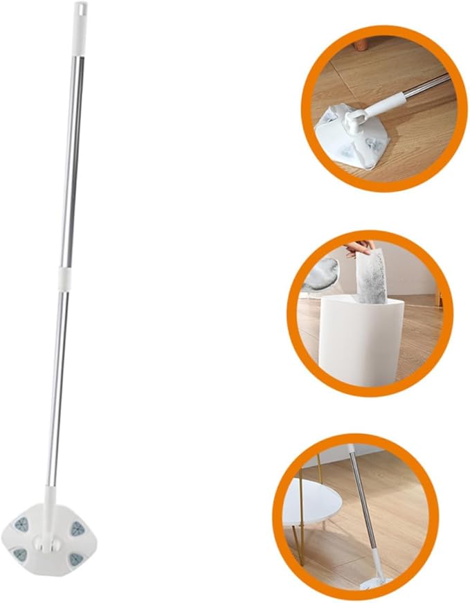 Retractable Household Dust Mop with Rotatable Triangular Head Convenient No-wash Face Towel Cover Cleaning Mop for Floor Vacuuming and Easy Storage White Handle