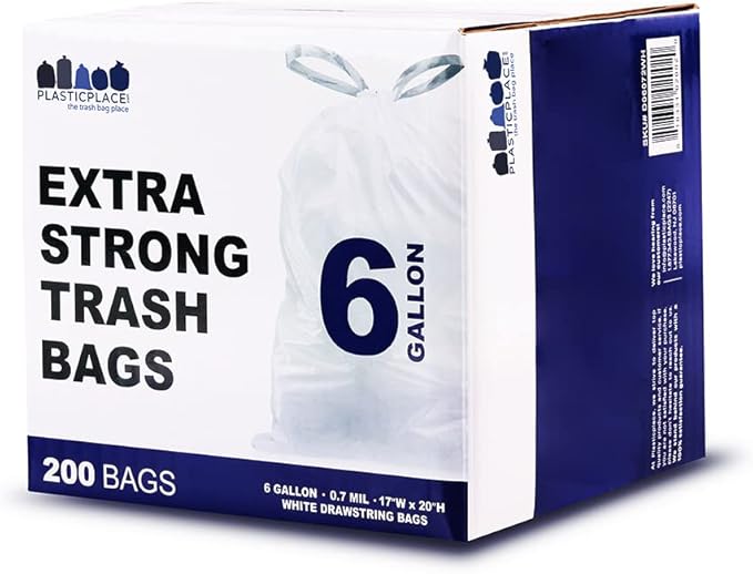 Plasticplace 6 Gallon Trash Bags White Drawstring Garbage Can Liners 17” x 20” for Bathroom Kitchen Office Car Small Trash Bags Leak-Proof &amp Tear-Resistant 100 Count (Pack of 2)