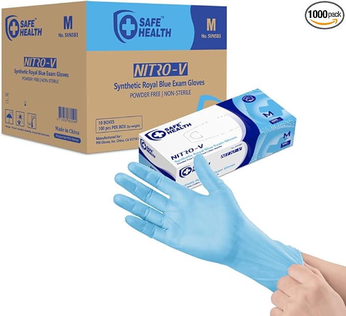 Safe Health NITRO-V Nitrile-Vinyl Synthetic Exam Disposable Gloves Latex Free Powder Free Blue Case of 1000 Medium Medical Grade Clinic Nursing Food Hair Salon Cleaning Housework