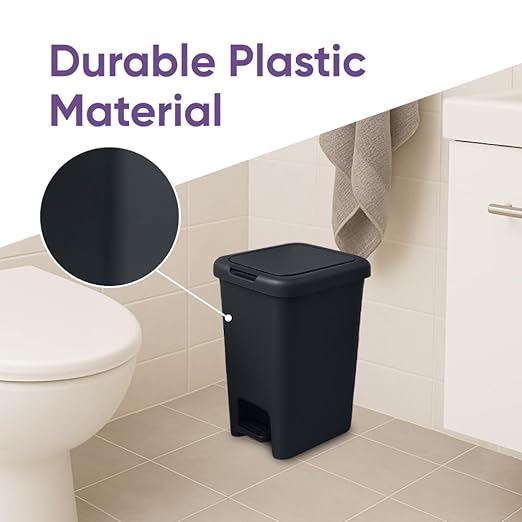 Superio 6.5L Slim Step &amp Push Trash Can - Dual Opening Smooth Matte Finish Durable Plastic (9.5x7x11.5) - Black
