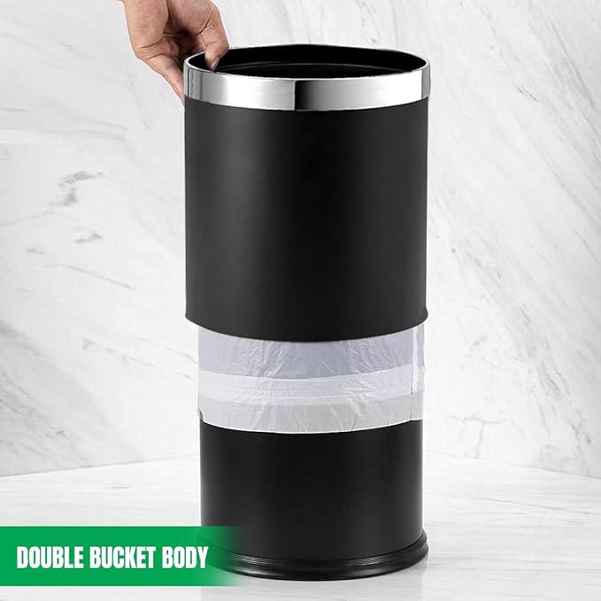 'Invisi-Overlap' Metal Trash Can Open Top Small Office Wastebasket Round Shape (Black)