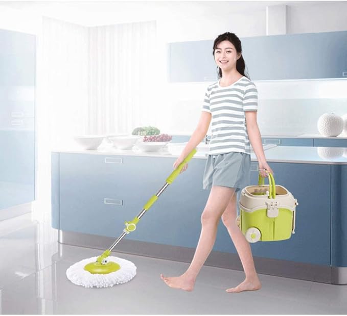 Mop and Bucket Set Spin Kit Extended Adjustable Handle and 2 Machine Washable Microfiber Spinning