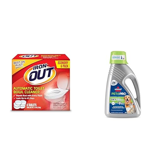 Iron OUT Automatic Toilet Bowl Cleaner Repel Rust and Hard Water Stains with Every Flush &amp Bissell Professional Pet Urine Elimator with Oxy and Febreze Carpet Cleaner Shampoo 48 Ounce