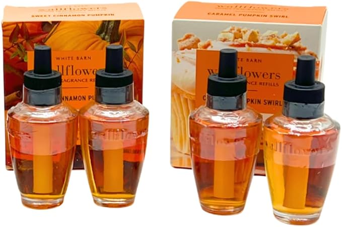 Bath &amp Body Works Sweet Cinnamon Pumpkin &amp Caramel Pumpkin Swirl – Fall Collections – 2-piece gift set with 30-inch Autumn Plaid Ribbon Bow – 0.8 fl oz each