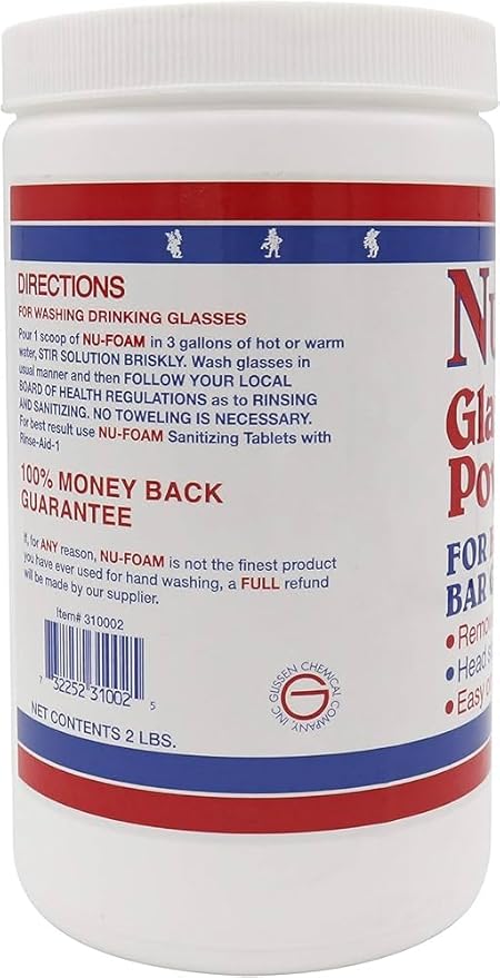 Nu-Foam Glass Washing Powder - Detergent for Bar Glassware – Original Streak-Free Solution - Hand Washing Bar Tavern Brewery Supplies - Concentrated 2 Lb Jar