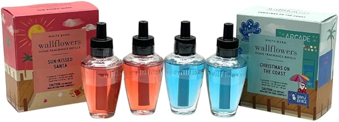 Bath &amp Body Works Wallflowers Refills Christmas Scents 4-Bulb Bundle – Holiday Tropical &amp Coastal Collection – Limited Edition Gift Set with a Blue Bow(Sun-Kissed Santa + Christmas on The Coas