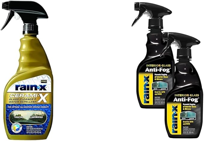 Rain-X Glass Care Bundle: 16oz Cerami-X Glass Cleaner + Water Repellent and 12oz Interior Glass Anti-Fog (2-Pack) - Complete Interior &amp Exterior Glass Protection Kit
