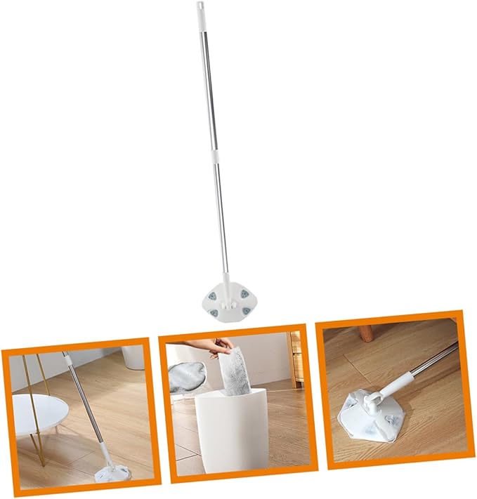 Retractable Dust Mop for Floor Cleaning with Triangular Microfiber Head Hand-Free No Wash Cleaning Mop Suitable for Household Dust Removal White Adjustable Handle