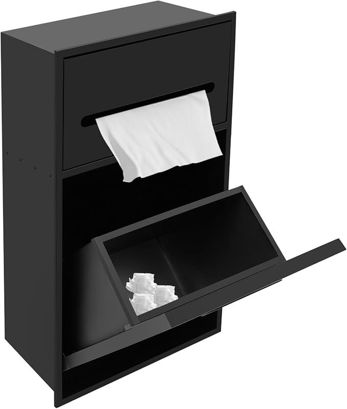 Hidden Recessed Trash Can with Toilet Paper Holder 1.59 Gallon 304 Stainless Steel Wall Mounted Bathroom Bin Space Saving Toilet Tissue Dispenser &amp Garbage Can Combo (Black)