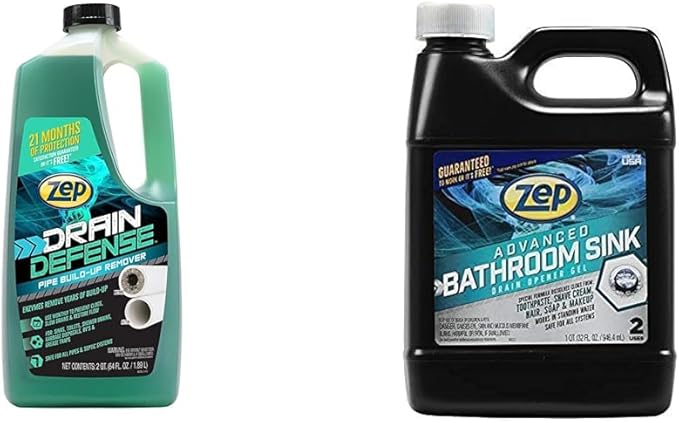 Zep Drain Defense Pipe Build-Up Remover - 64 Ounces - ZLDC648 &amp Advanced Bathroom Sink Drain Opener Gel - 32 Ounce - U49310 - Formulated for Toothpaste