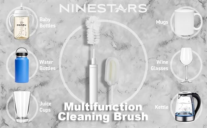 NINESTARS Electric Baby Bottle Brush Cleaner w/Aluminum Handle Powerful Rotating Cleaning Bottle Brush 2600mAh Battery Electric Bottle Cleaner for Water Bottle Baby Bottle Mug Coffee Cup (White)