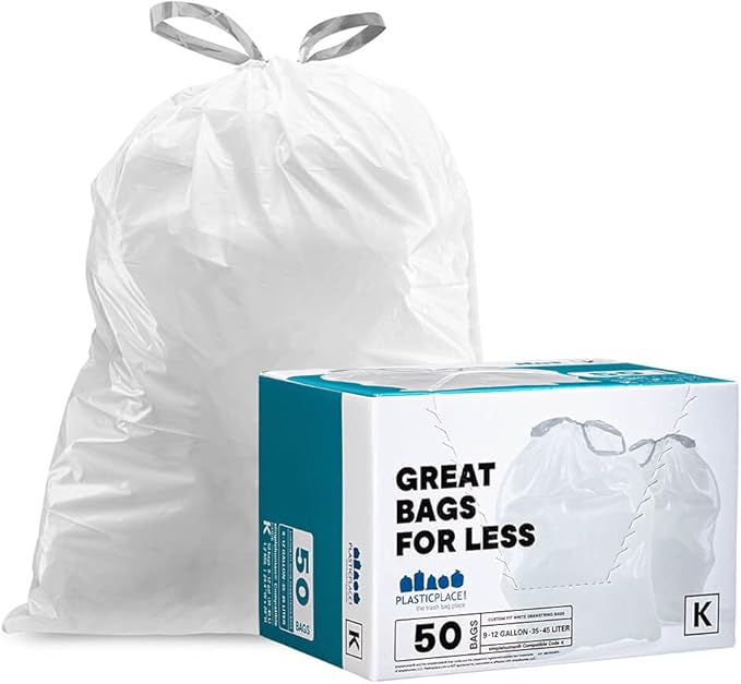 Plasticplace Custom Fit Trash Bags │ simplehuman Code K Compatible │ White Drawstring Garbage Liners 10 Gallon / 38 Liter │ 24.4 x 28 &amp simplehuman Code H Compatible Drawstring Garbage Liners W